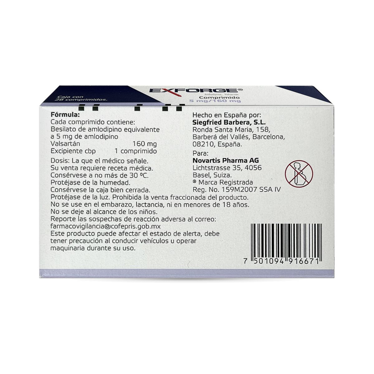 Exforge Novartis Amlodipino / Valsortán Caja Con 28 Comprimidos De  5/160 mg